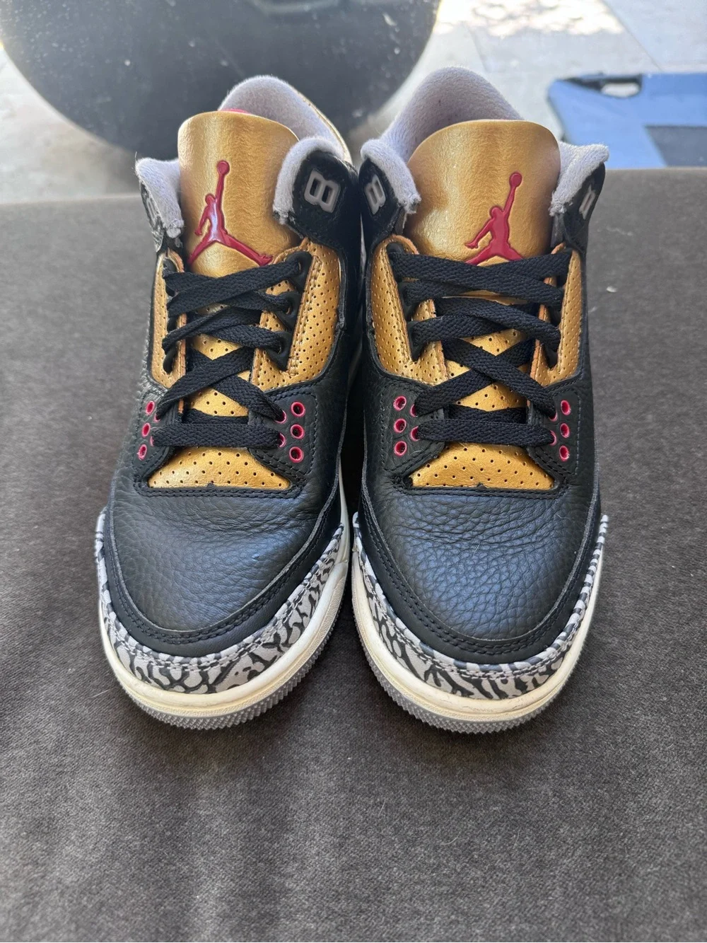 Jordan Air Jordan 3 Sneakers - Black, Gold & Red Accents size 6 women or 4.5 kid